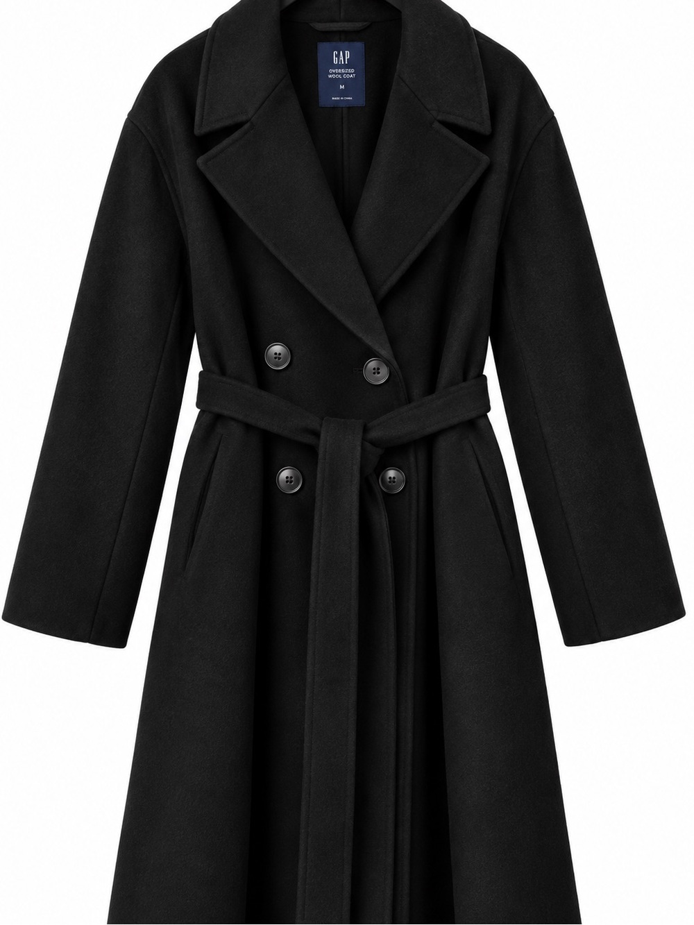 GAP Oversized Wool Coat M Black Double Face Belted Long Double Breasted Winter - Picture 6 of 9